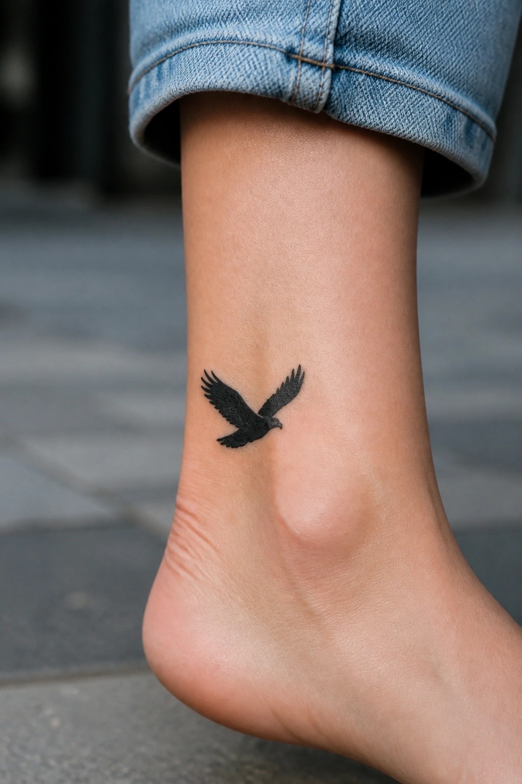 A small black minimalist eagle tattoo in flight on an ankle.
