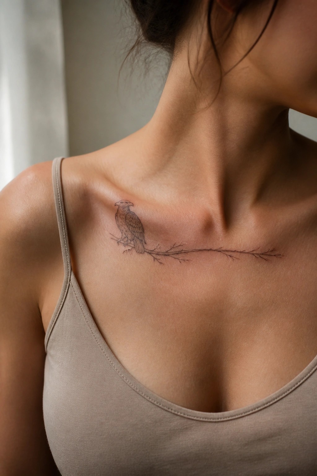 Woman with bird tattoo on branch across collarbone in beige tank top