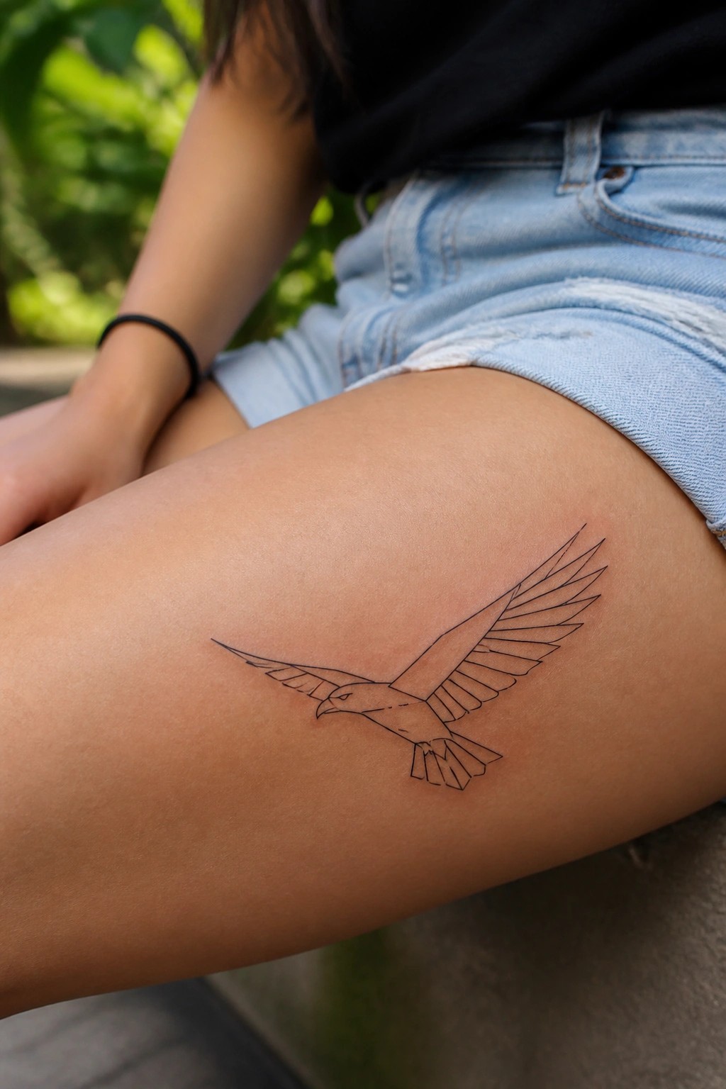 Minimalist black line tattoo of a flying eagle on a woman's upper thigh in denim shorts