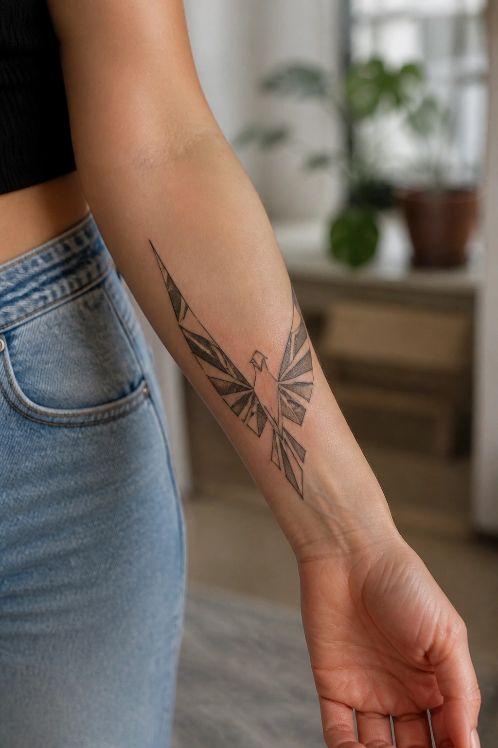 Arm with geometric bird tattoo, black top, blue jeans visible.