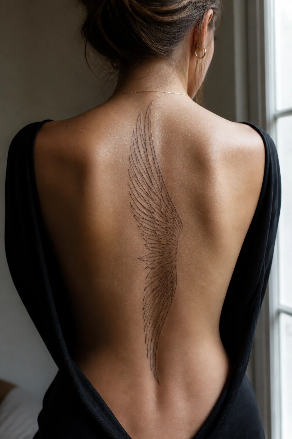 Minimalist fine line wing tattoo placed vertically along a woman's upper back and spine.