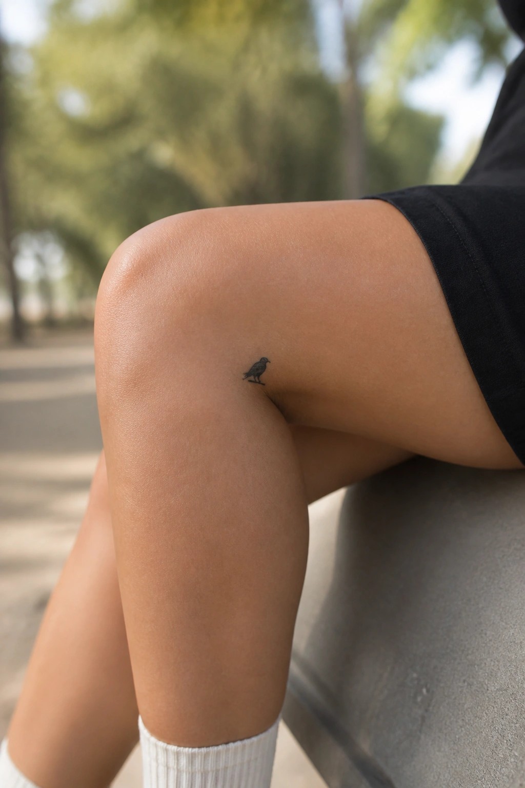 Small minimalist black bird tattoo on the side of a knee.