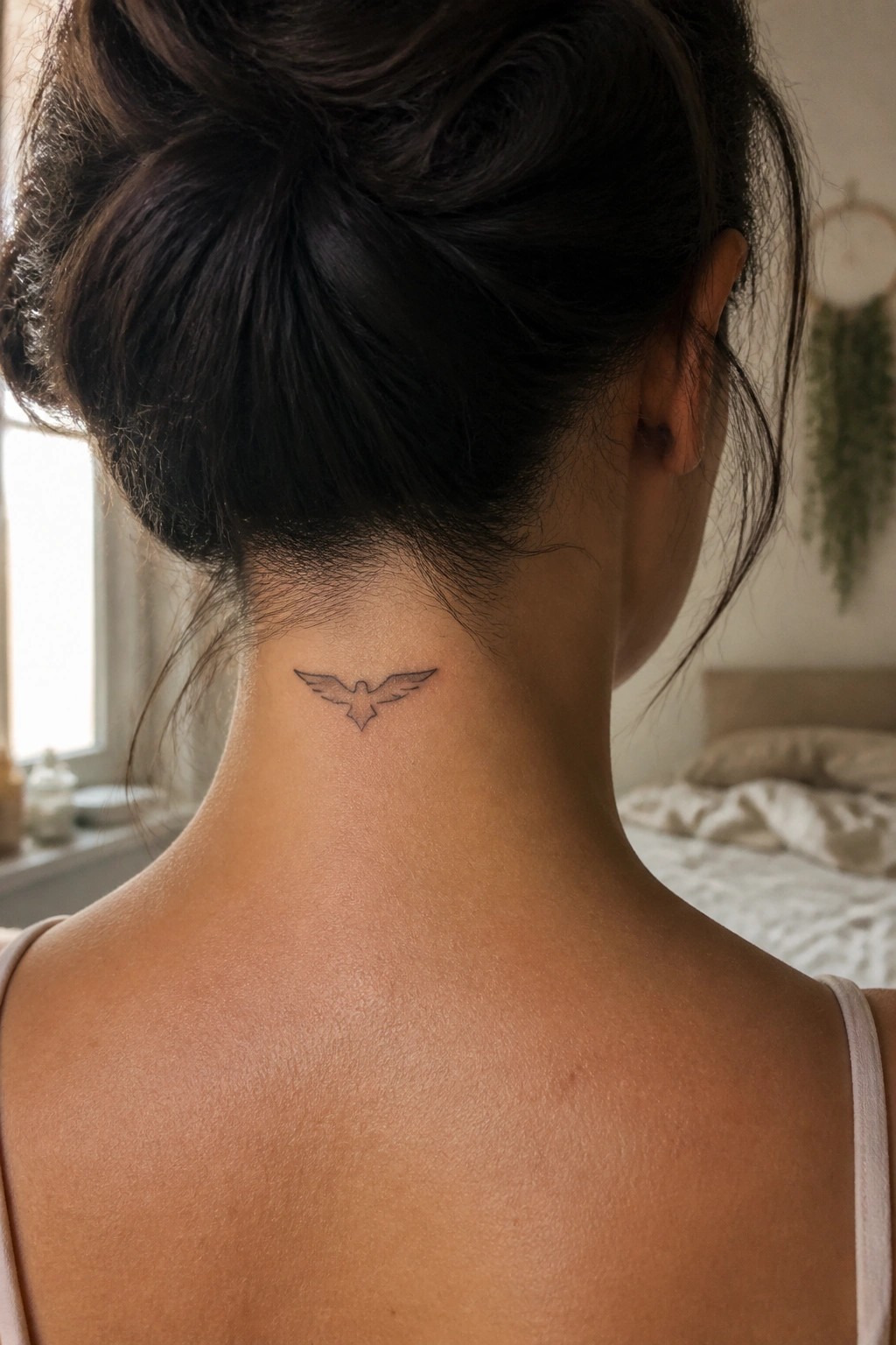 Woman with dark bun and small bird tattoo on neck, bedroom view from behind