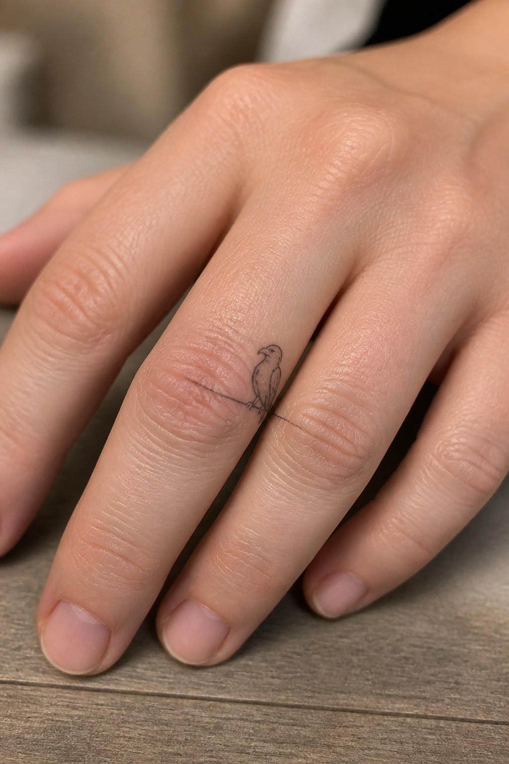 Close-up of light-skinned hand with small bird tattoo on ring finger.