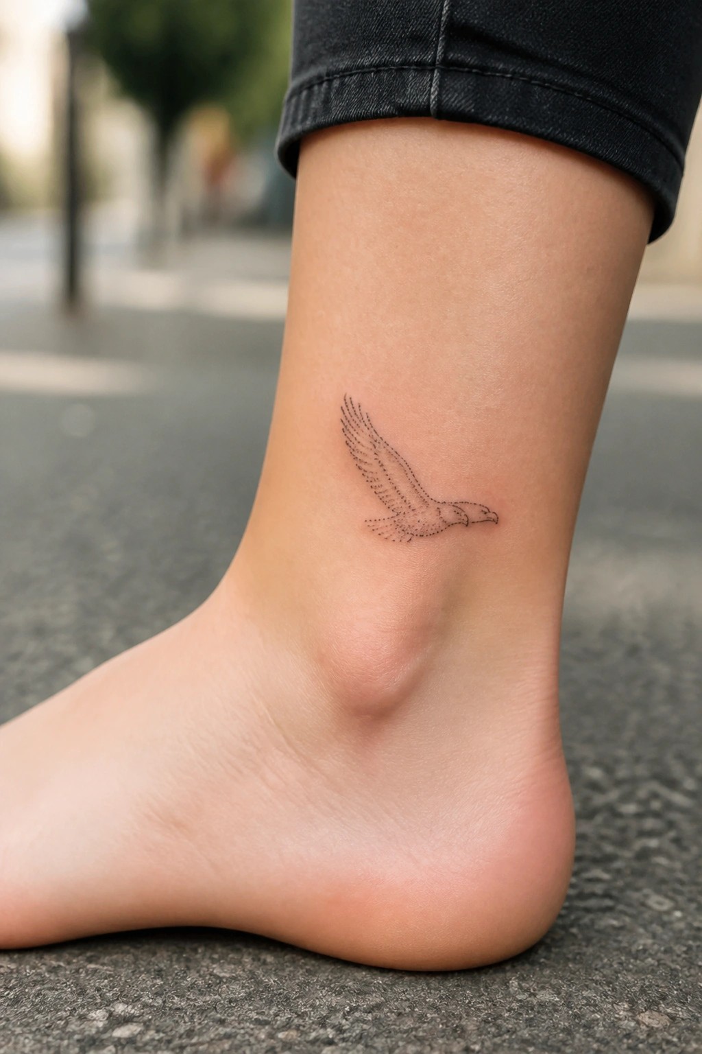 Minimalist fine line tattoo of a small flying eagle on a woman's ankle