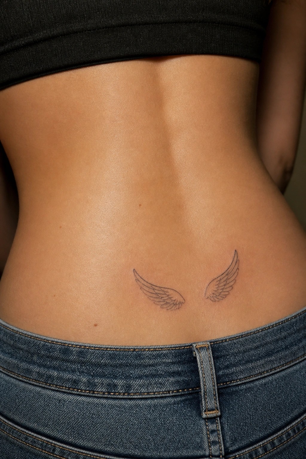 Lower back with two small wing tattoos above blue jeans and black top.