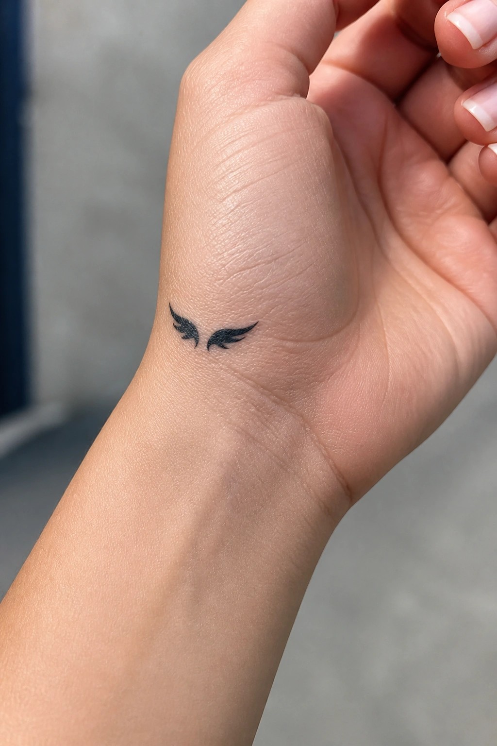 Light-skinned hand with small black wings tattoo on inner wrist