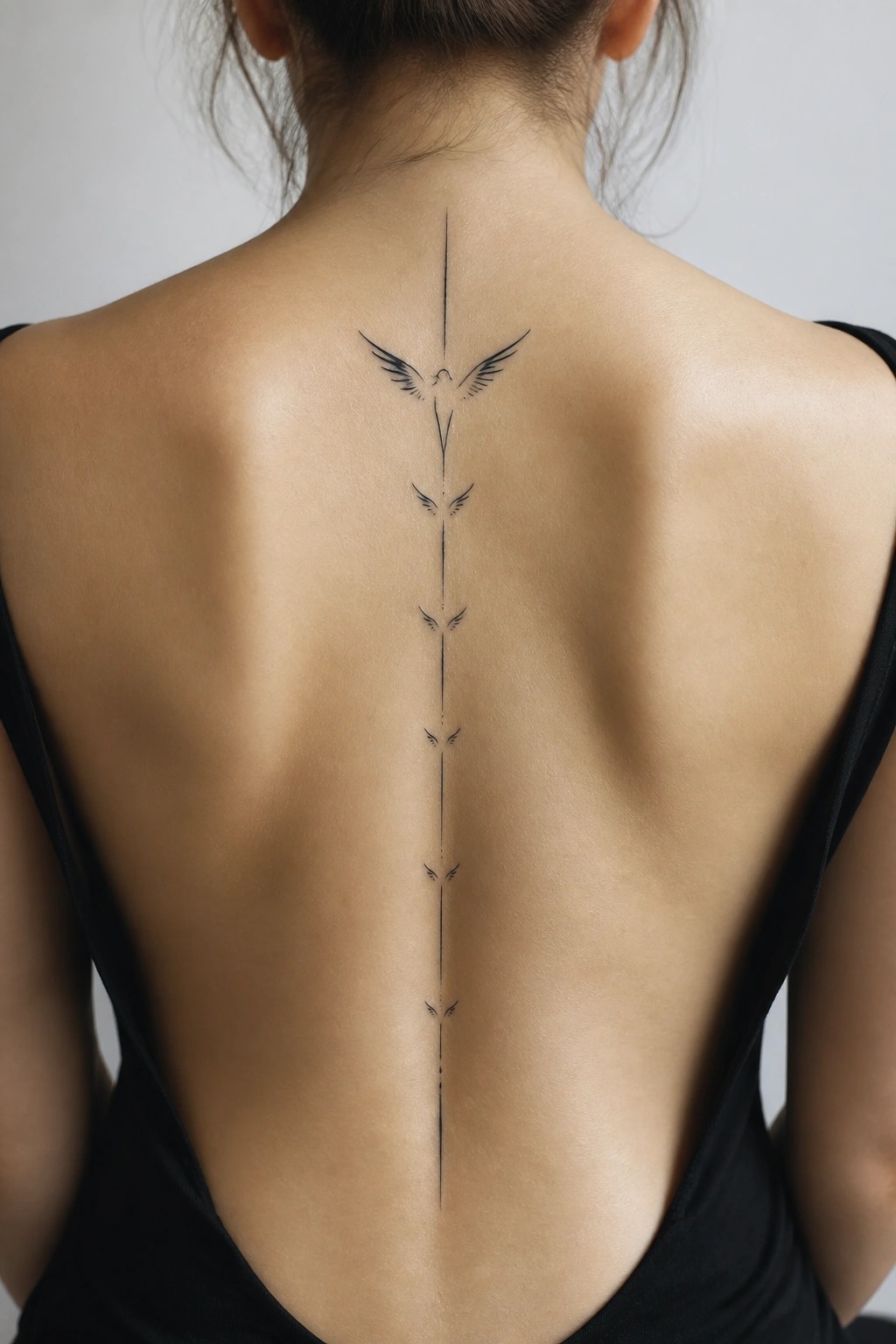 Woman's back with black spine tattoo featuring descending winged designs on bare skin.