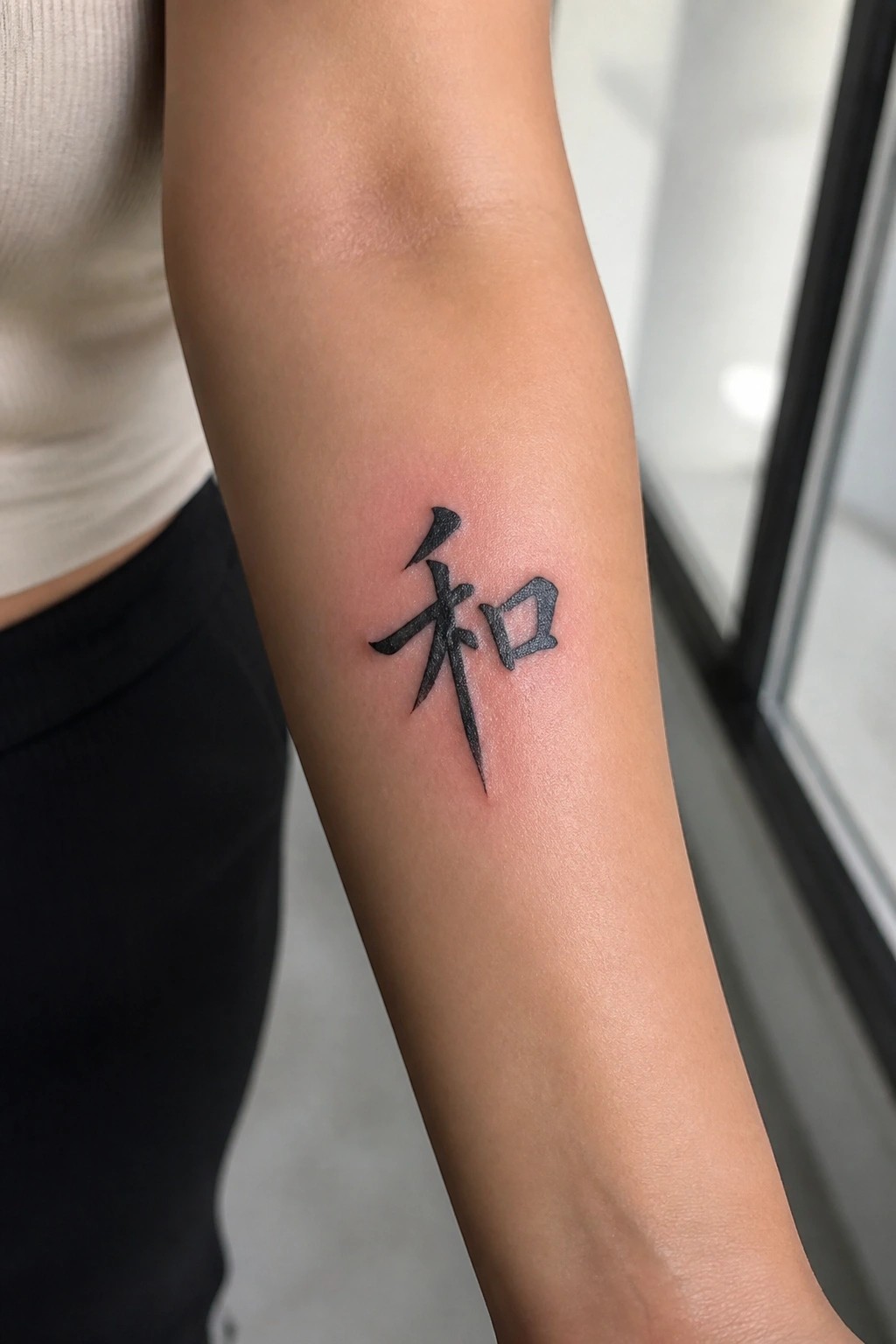 Small black Chinese character tattoo on the inner forearm showing the symbol for harmony in calligraphic style.