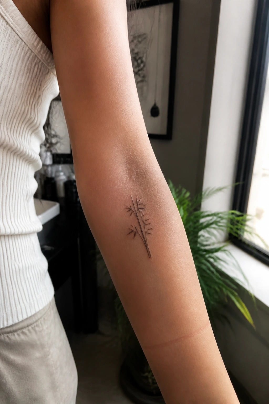 Forearm with delicate bamboo tattoo on person in white ribbed tank top