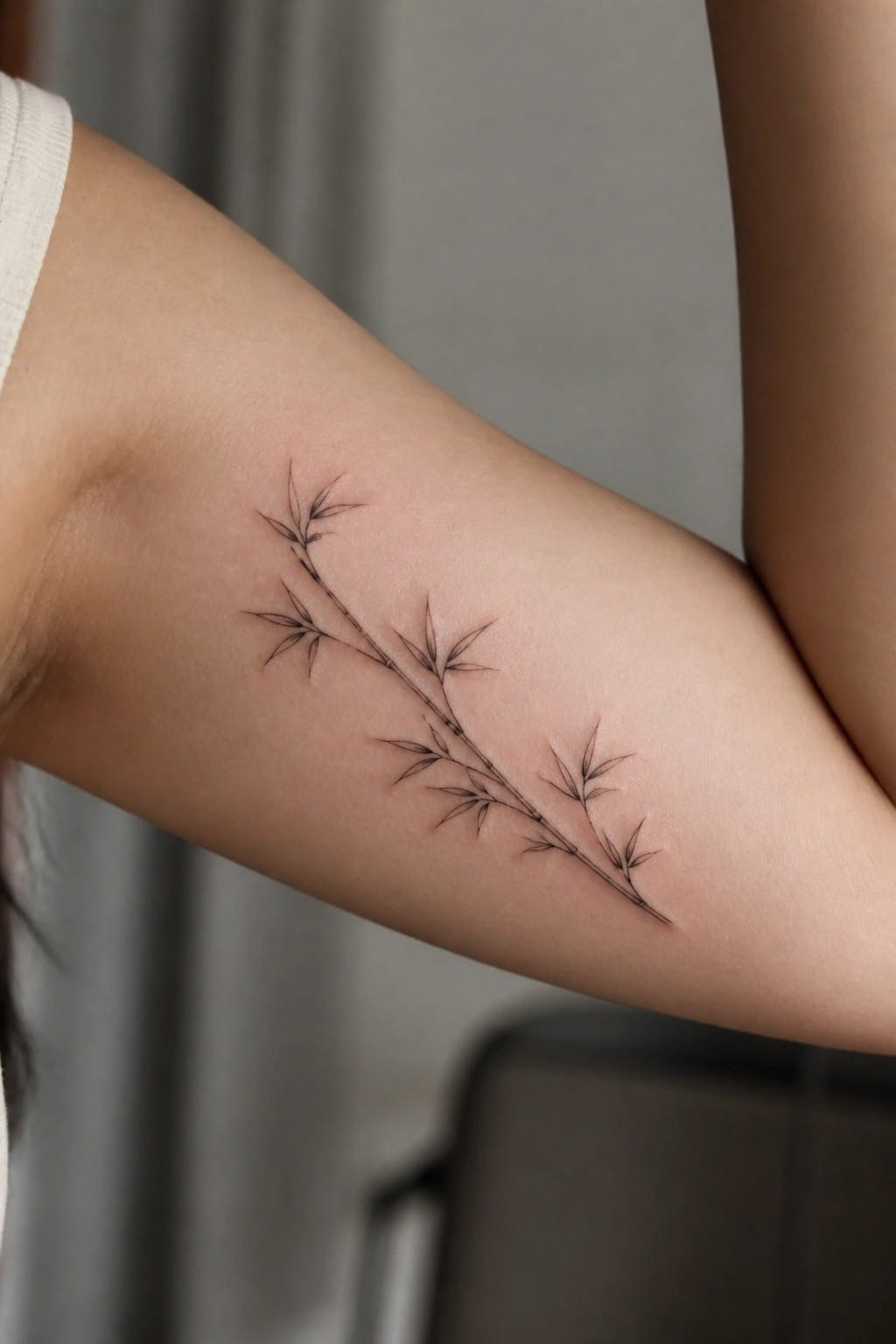Fine-line bamboo tattoo on fair-skinned arm with white sleeve visible