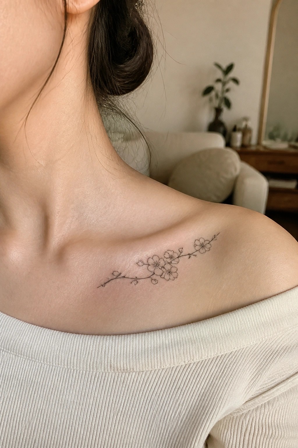 Shoulder with delicate cherry blossom tattoo on white off-shoulder top