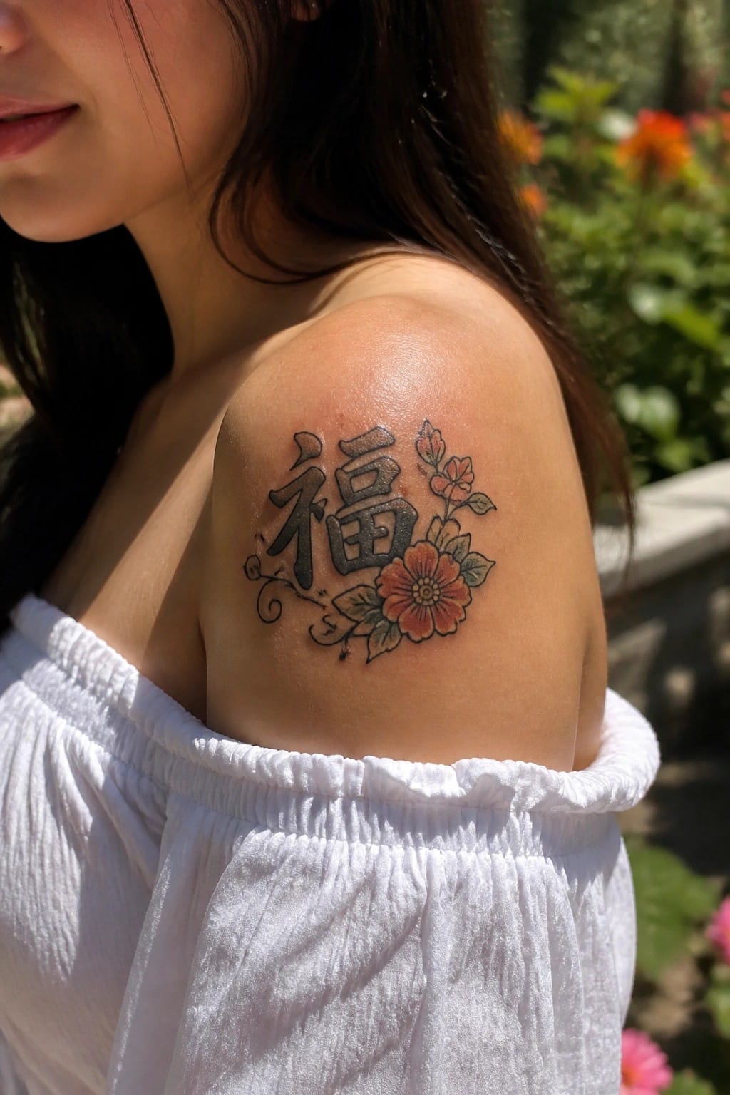 Small shoulder tattoo showing the Chinese character for fortune next to a red flower and leaves