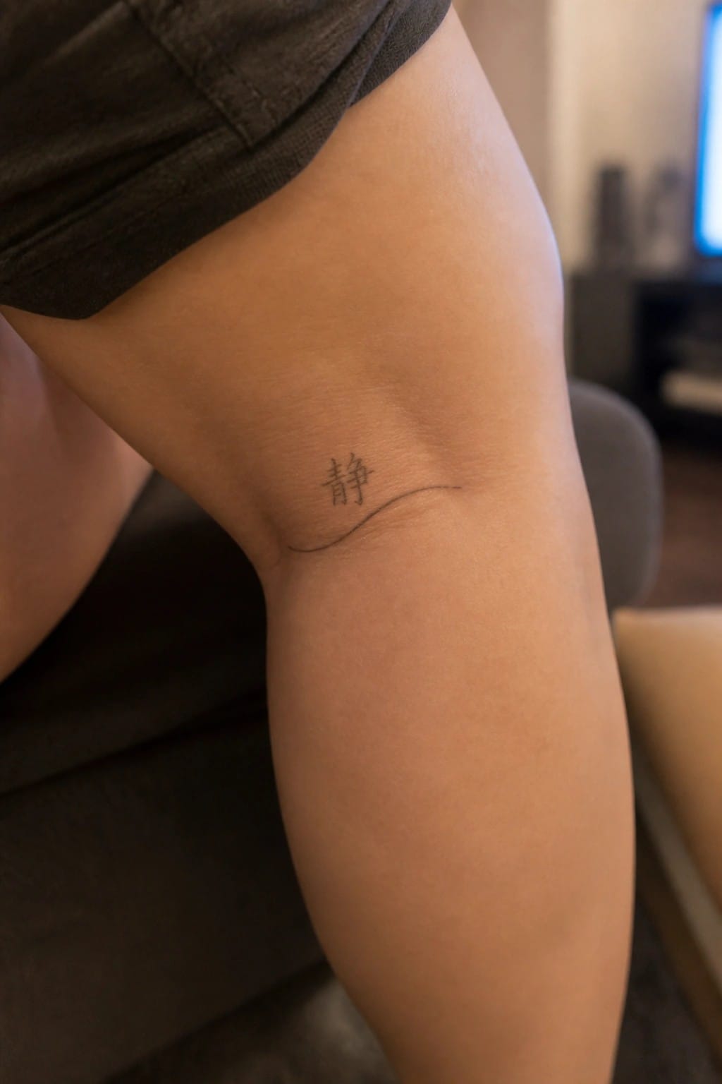 Thigh with black tattoo of Chinese character 静 above a thin wavy line