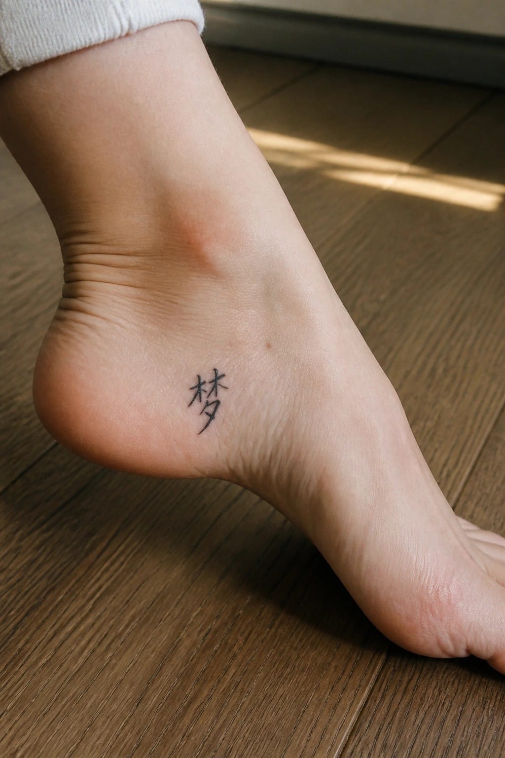 Small Chinese characters tattoo placed on the side of an ankle above the heel.