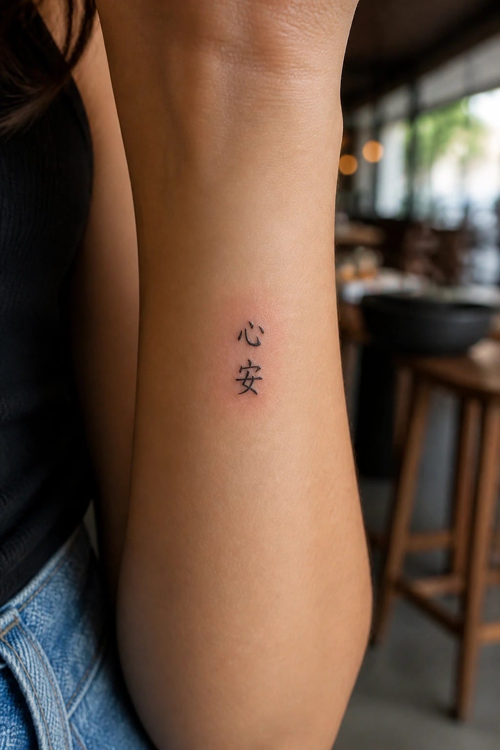 Inner forearm with vertical black Chinese tattoo, black top and blue jeans visible