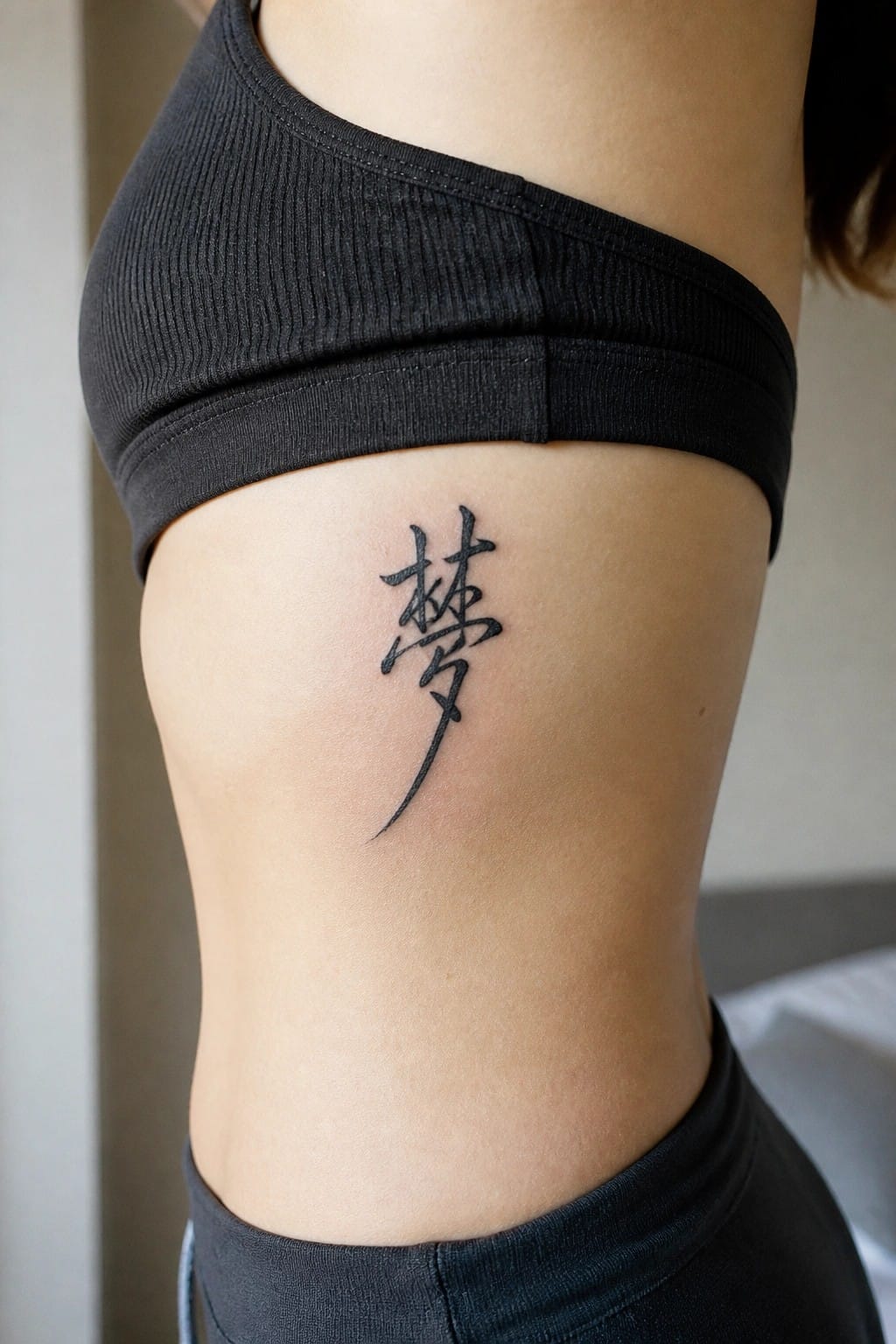 Black ribbed crop top with vertical Chinese calligraphy tattoo on ribs