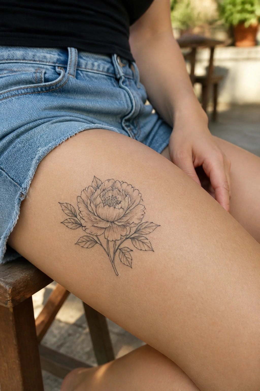 Fine line peony tattoo on the upper thigh with leaves and stem in black ink.