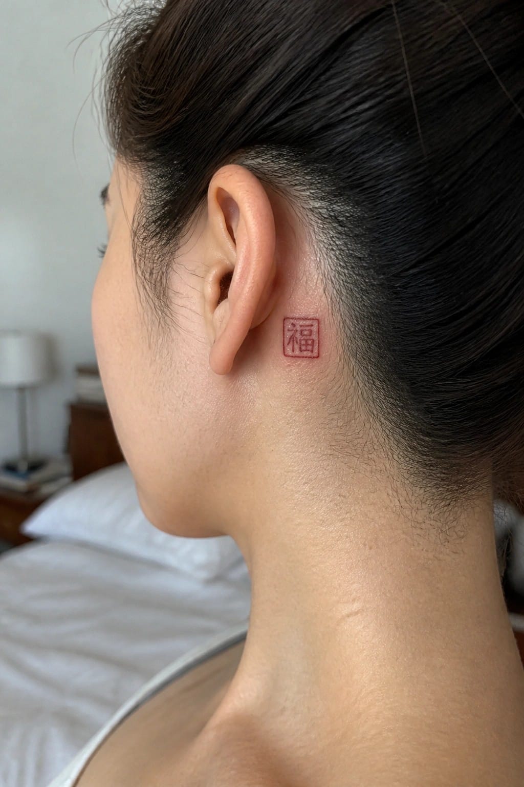 Woman's profile with dark hair and red 福 tattoo behind ear