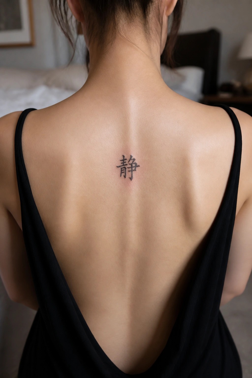 Woman viewed from behind with a small black Chinese character tattoo centered on her upper back between the shoulder blades.