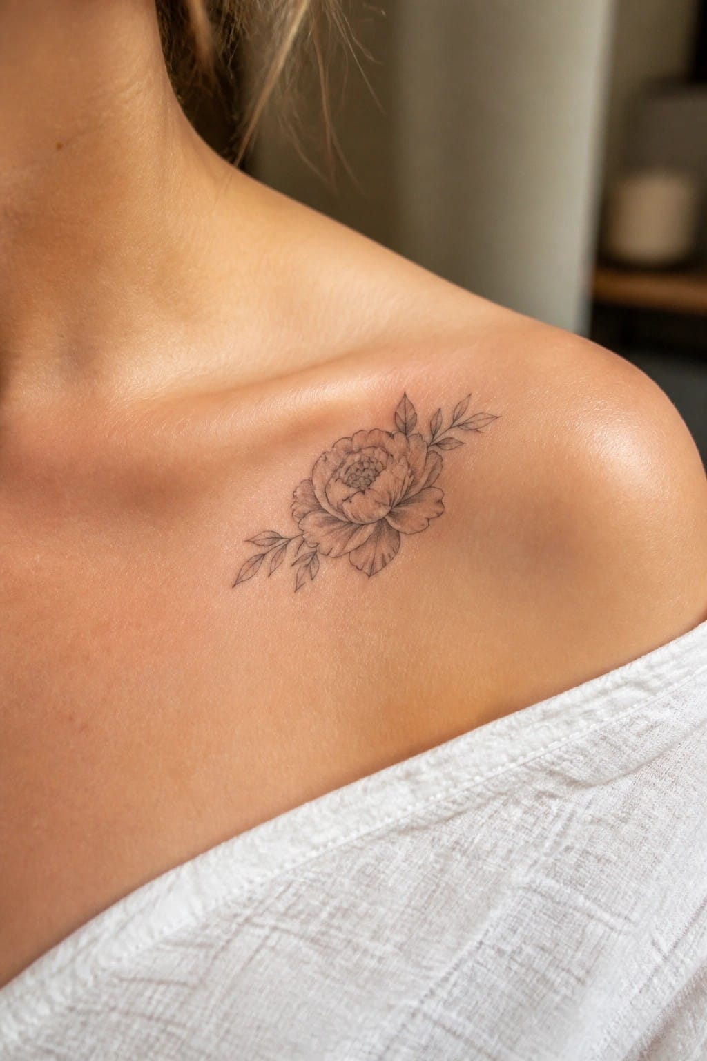 Small black and grey peony tattoo with leaves on a woman's shoulder in fine line style