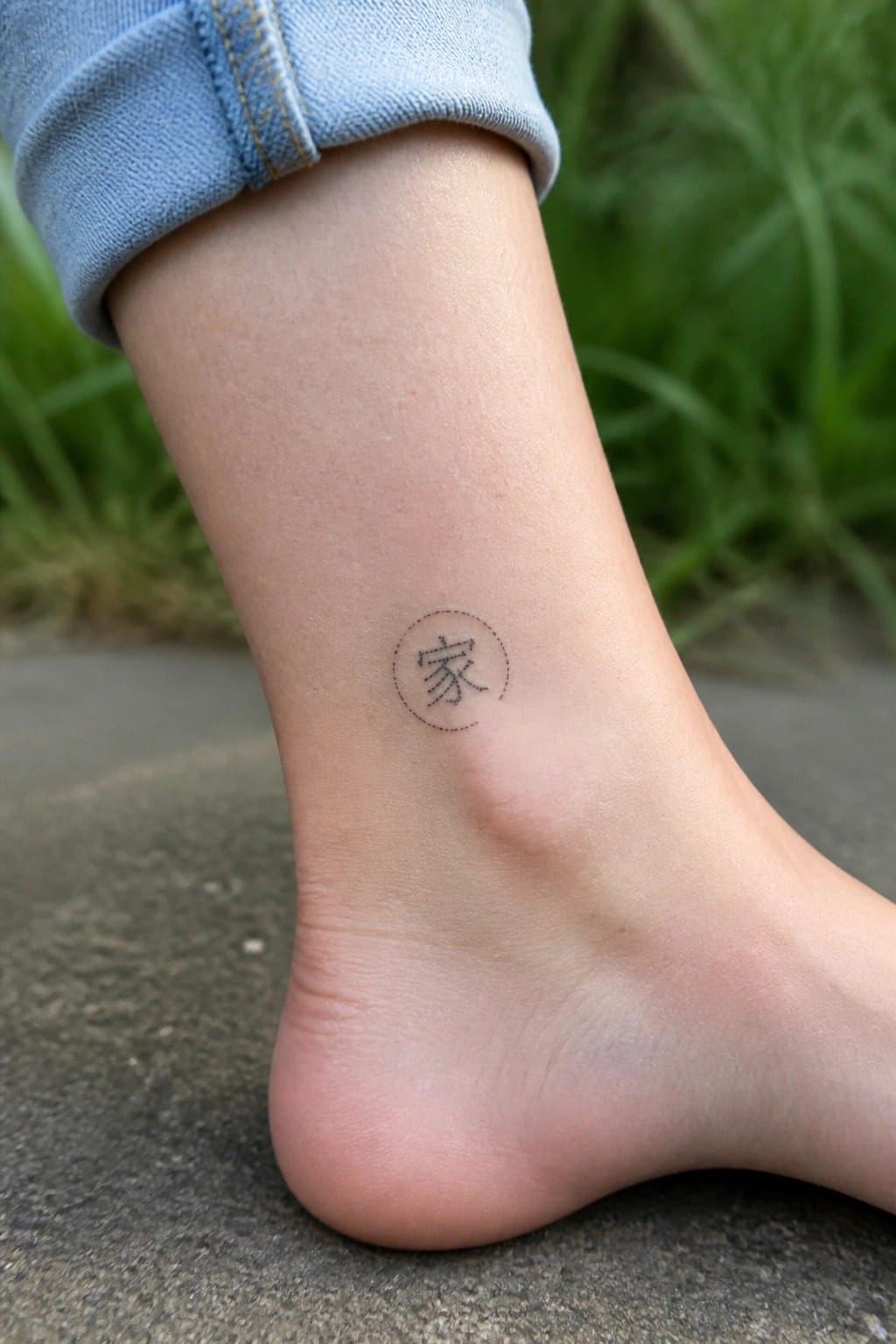 Small Chinese character for home inside a dotted circle tattooed on the ankle