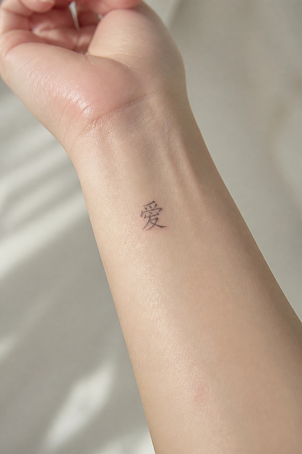 Clenched hand with small black Chinese character tattoo on inner wrist.