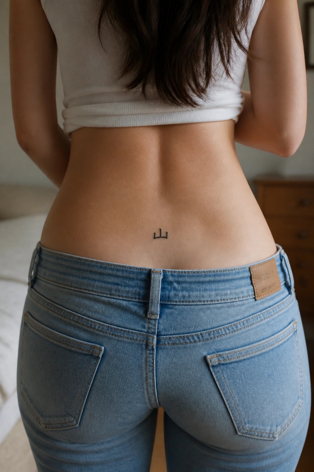Woman's lower back with small mountain tattoo above blue denim jeans waistband