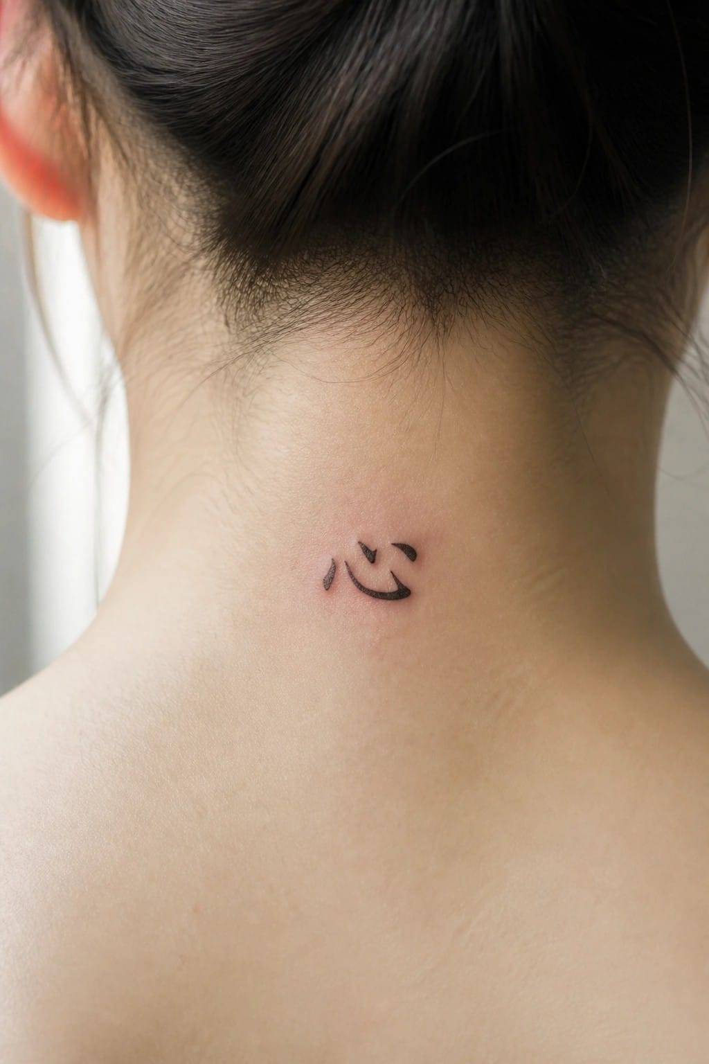 Tiny smiley face tattoo on nape of neck below dark hair
