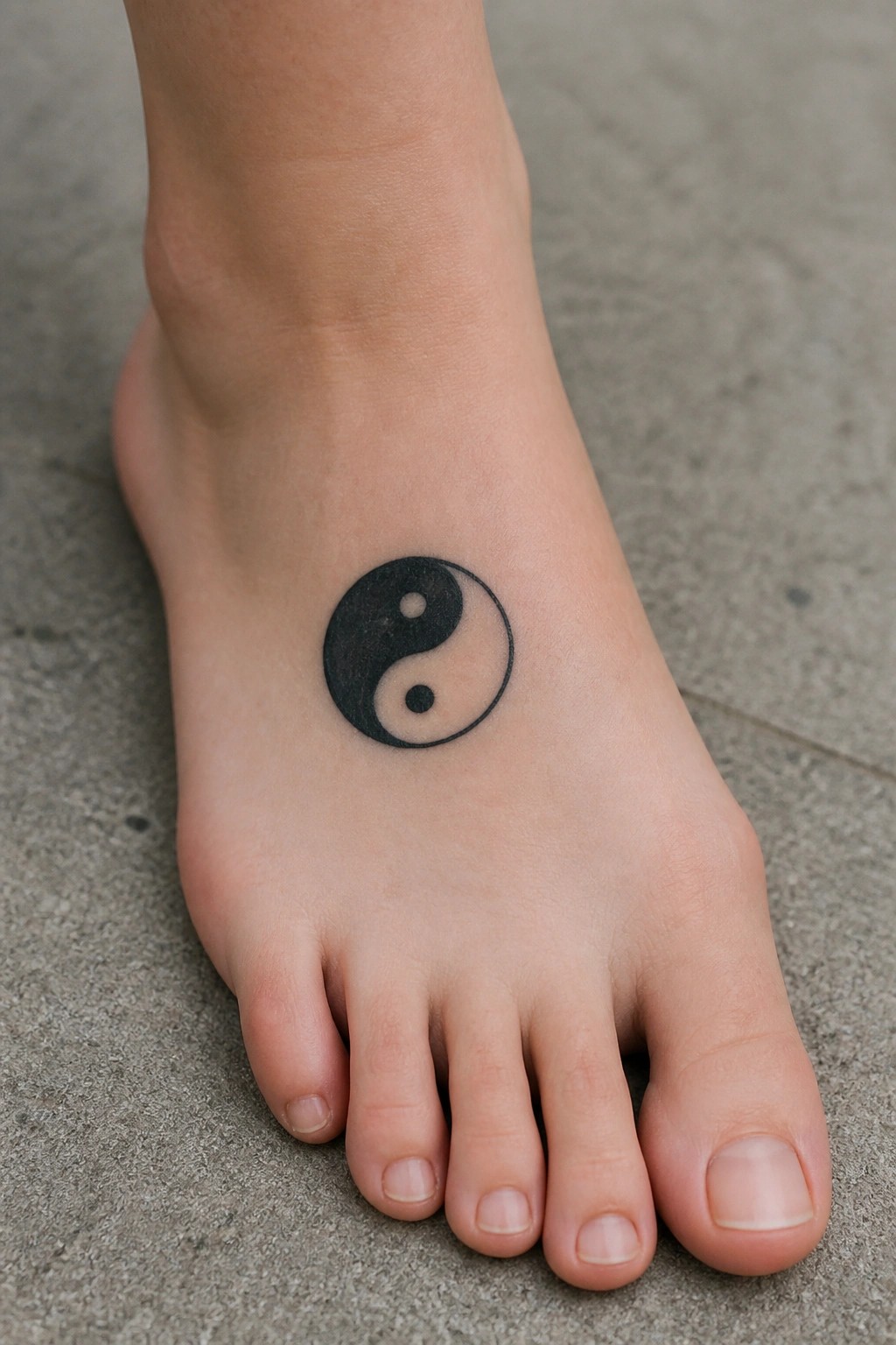 Small black yin yang tattoo on the top of a foot