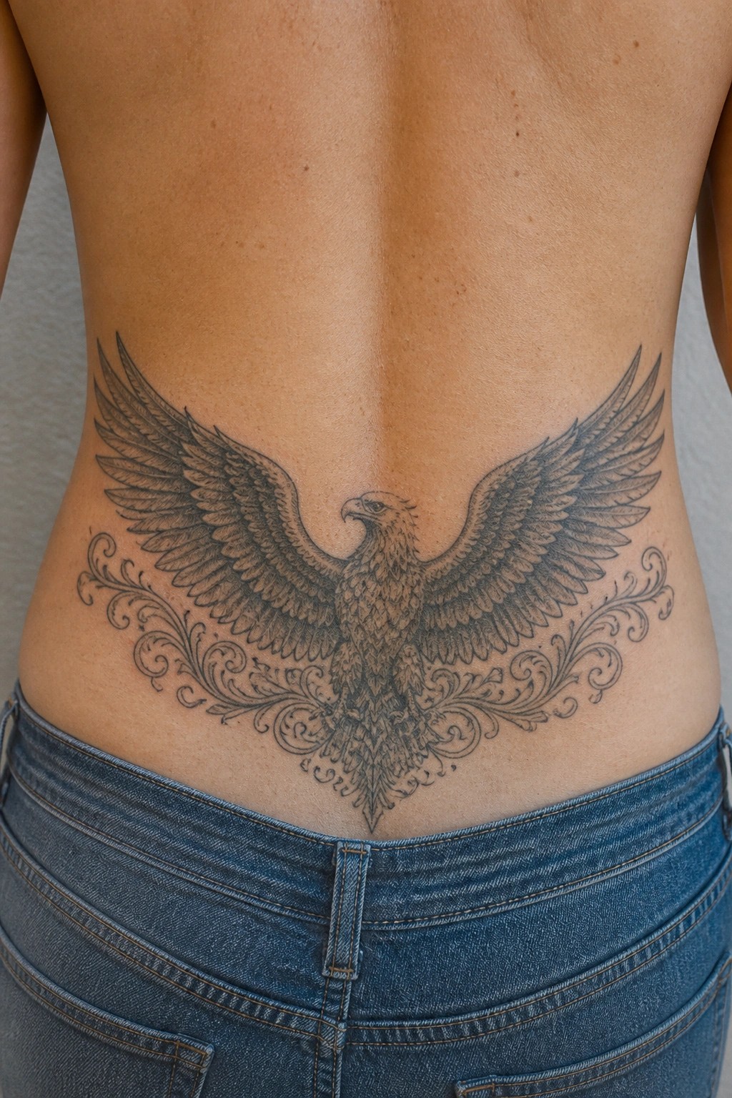 Large eagle tattoo with spread wings and ornate swirls above blue jeans