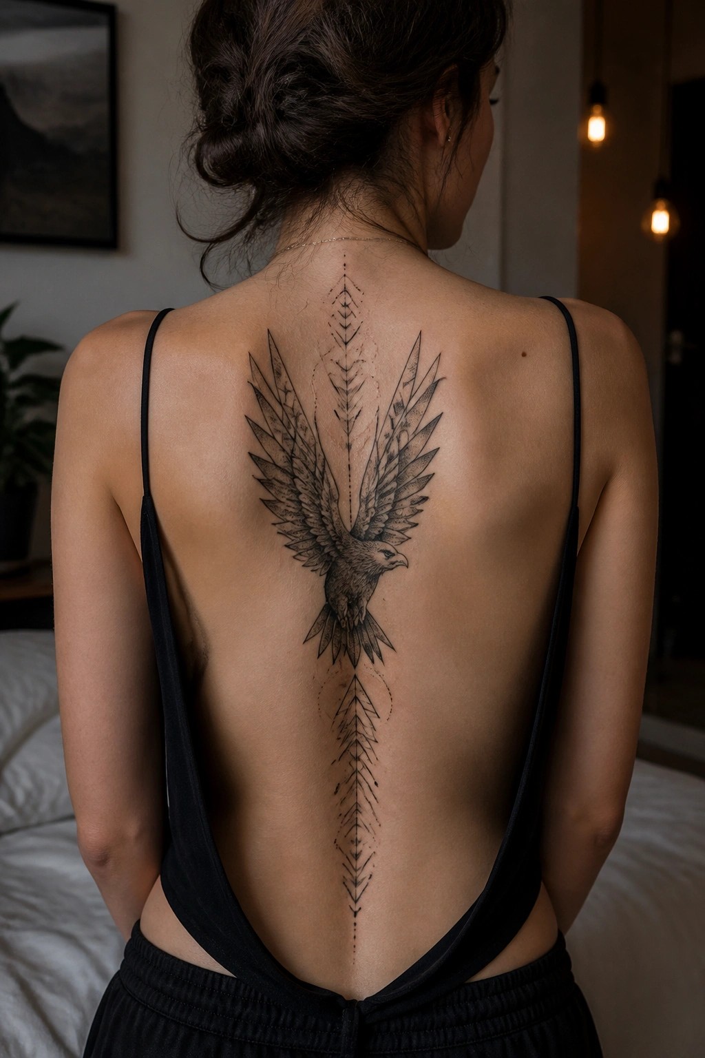 Woman's back with a large black and grey eagle tattoo centered on the spine, wings spread, with geometric patterns above and below.