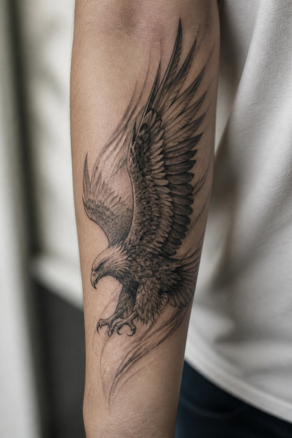 Realistic black-and-gray eagle tattoo on forearm with spread wings and talons.