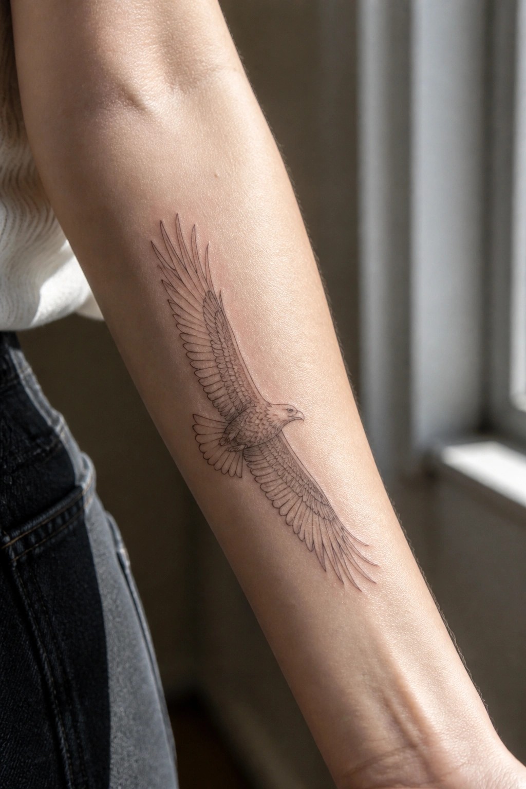 Person's forearm with detailed flying eagle tattoo, wearing white top and jeans