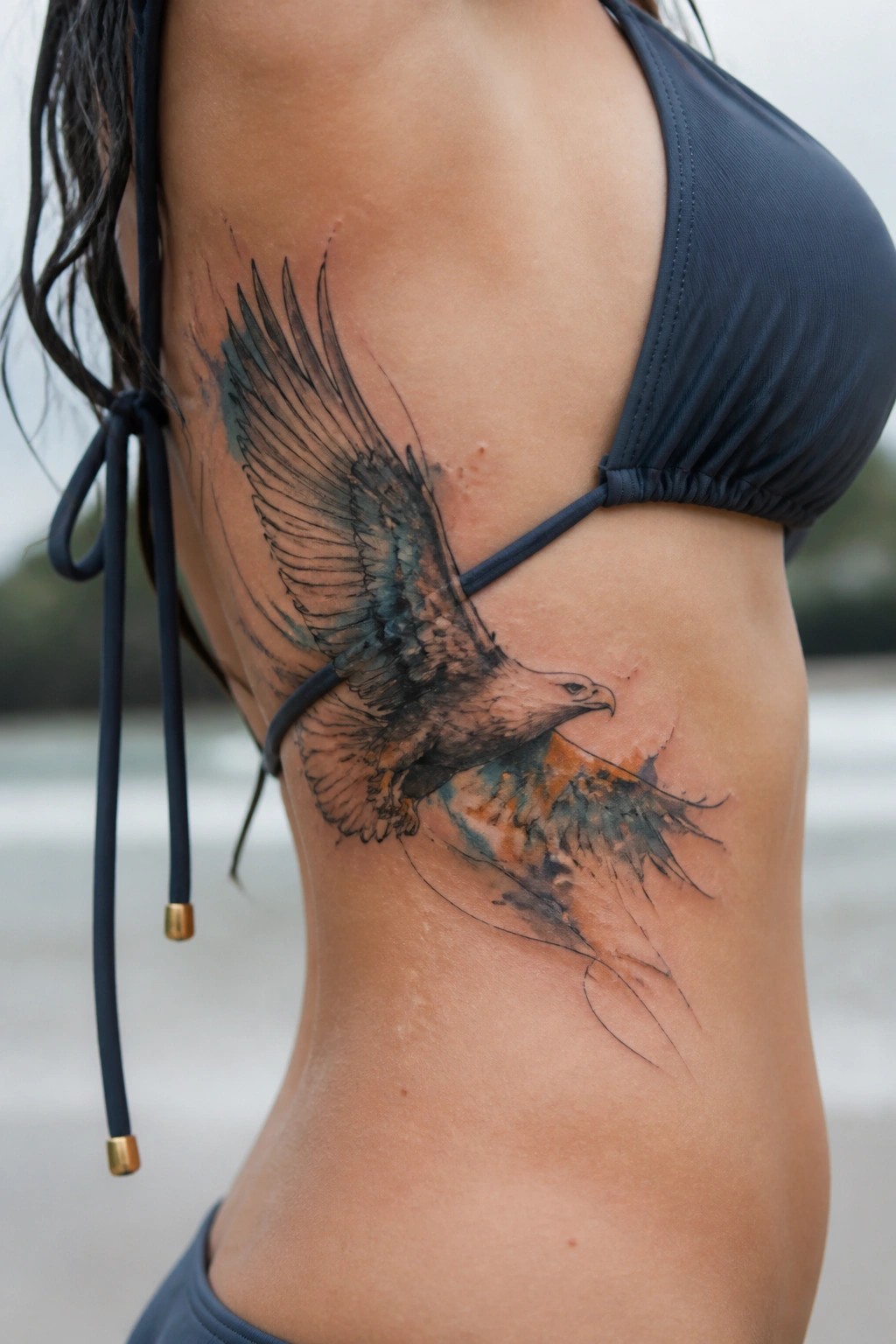 Woman with a flying eagle tattoo on her side torso, done in realistic lines with blue and orange watercolor accents.