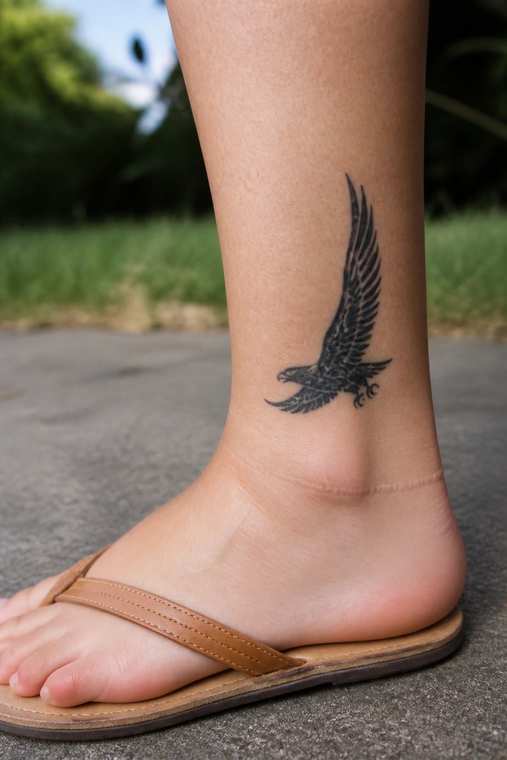 Black and grey eagle tattoo on the outer ankle of a foot wearing a flip flop sandal