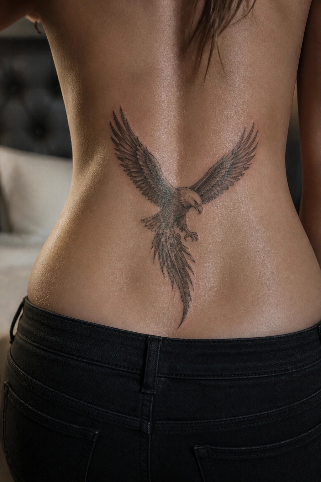 A realistic black and grey eagle tattoo with spread wings placed across a woman's lower back.