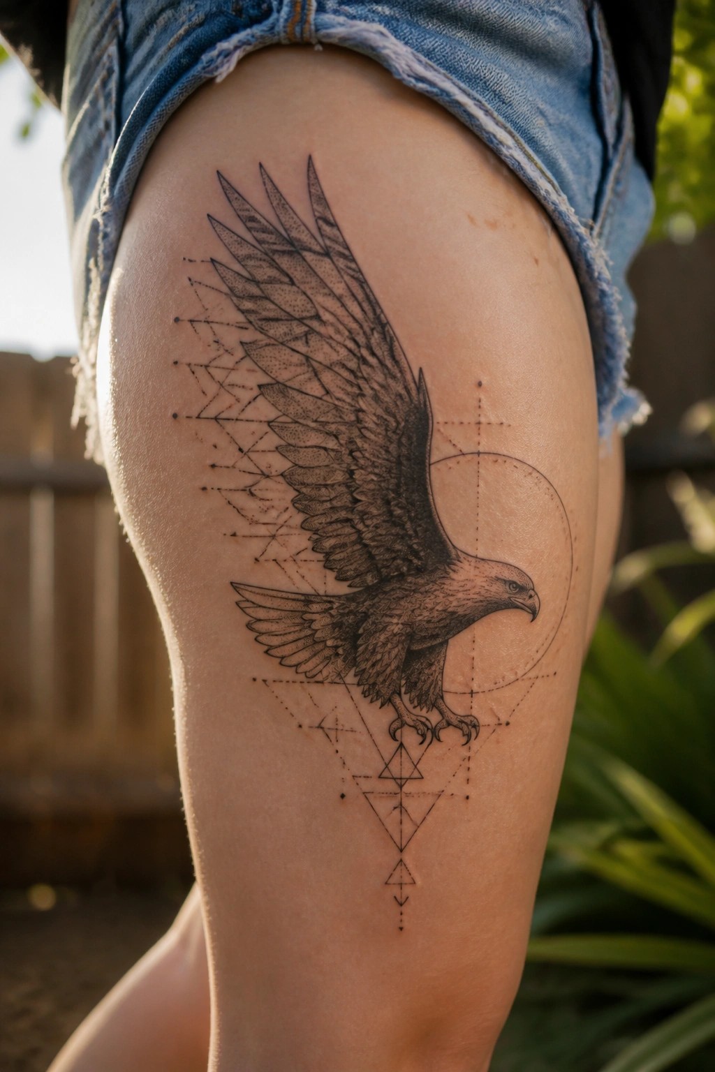 Black and grey eagle tattoo on a woman's thigh showing spread wings with geometric patterns on the left side.