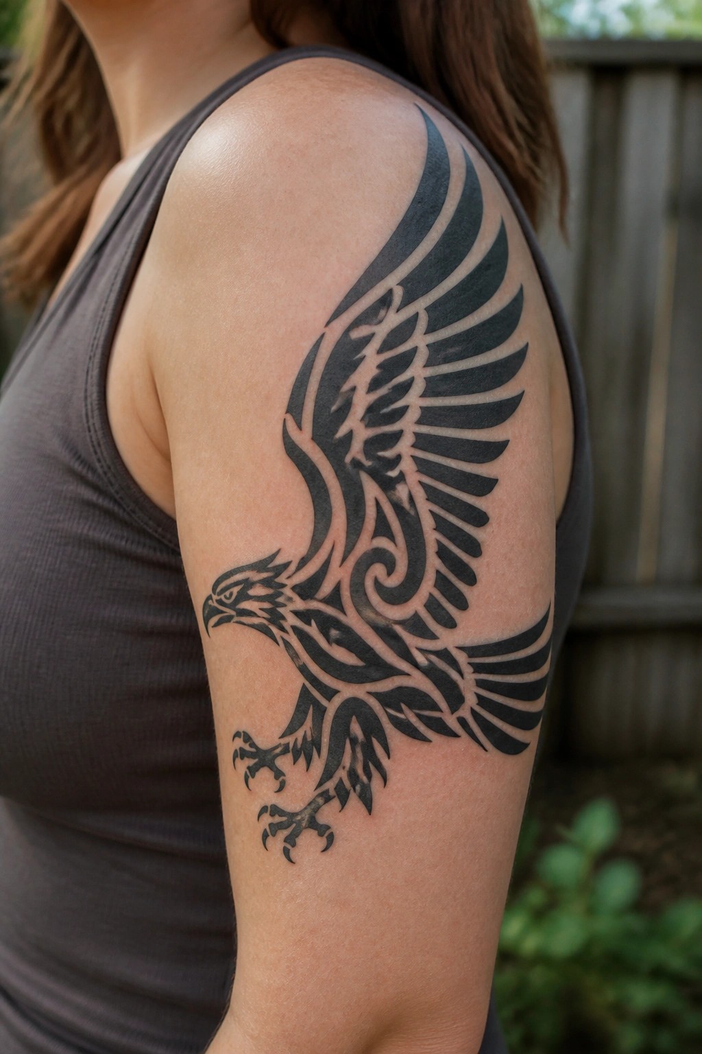 Black tribal eagle tattoo on shoulder of person wearing gray tank top