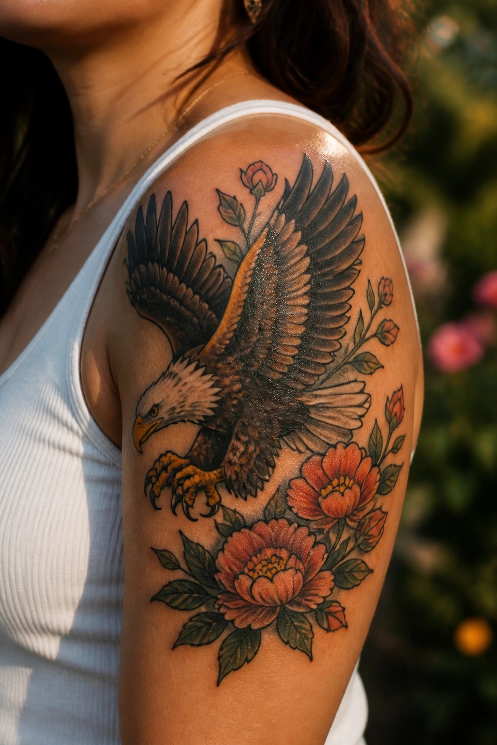 Realistic eagle tattoo with spread wings on a woman's upper arm, surrounded by red flowers and leaves.