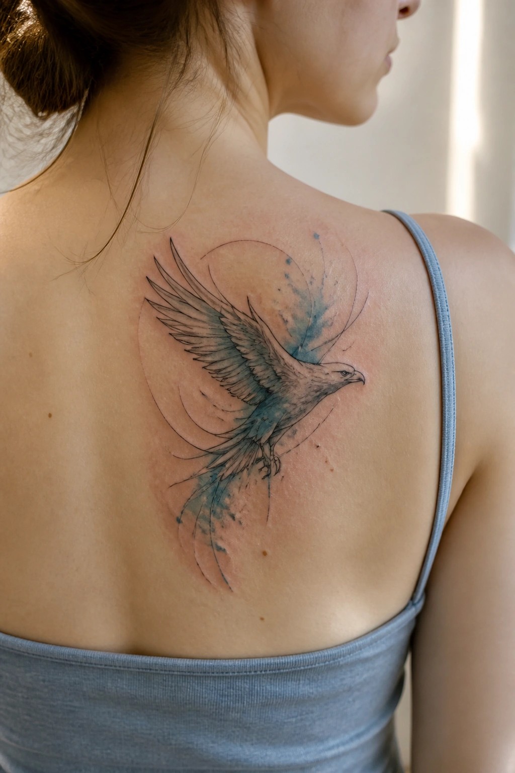 Woman's upper back with blue-orange eagle tattoo, wearing gray tank top.
