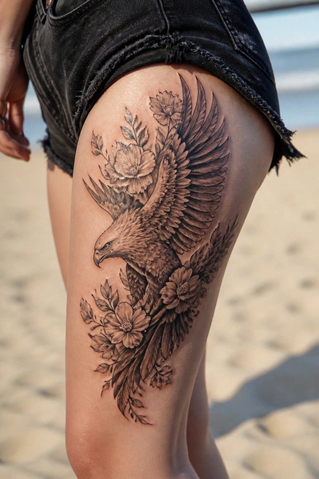 Black denim shorts and large eagle-floral tattoo on thigh at sandy beach