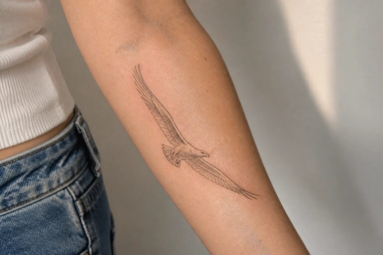 24 Soaring Eagle Tattoo Ideas for Women That Capture Motion and Freedom Person's forearm with detailed flying eagle tattoo, wearing white top and jeans