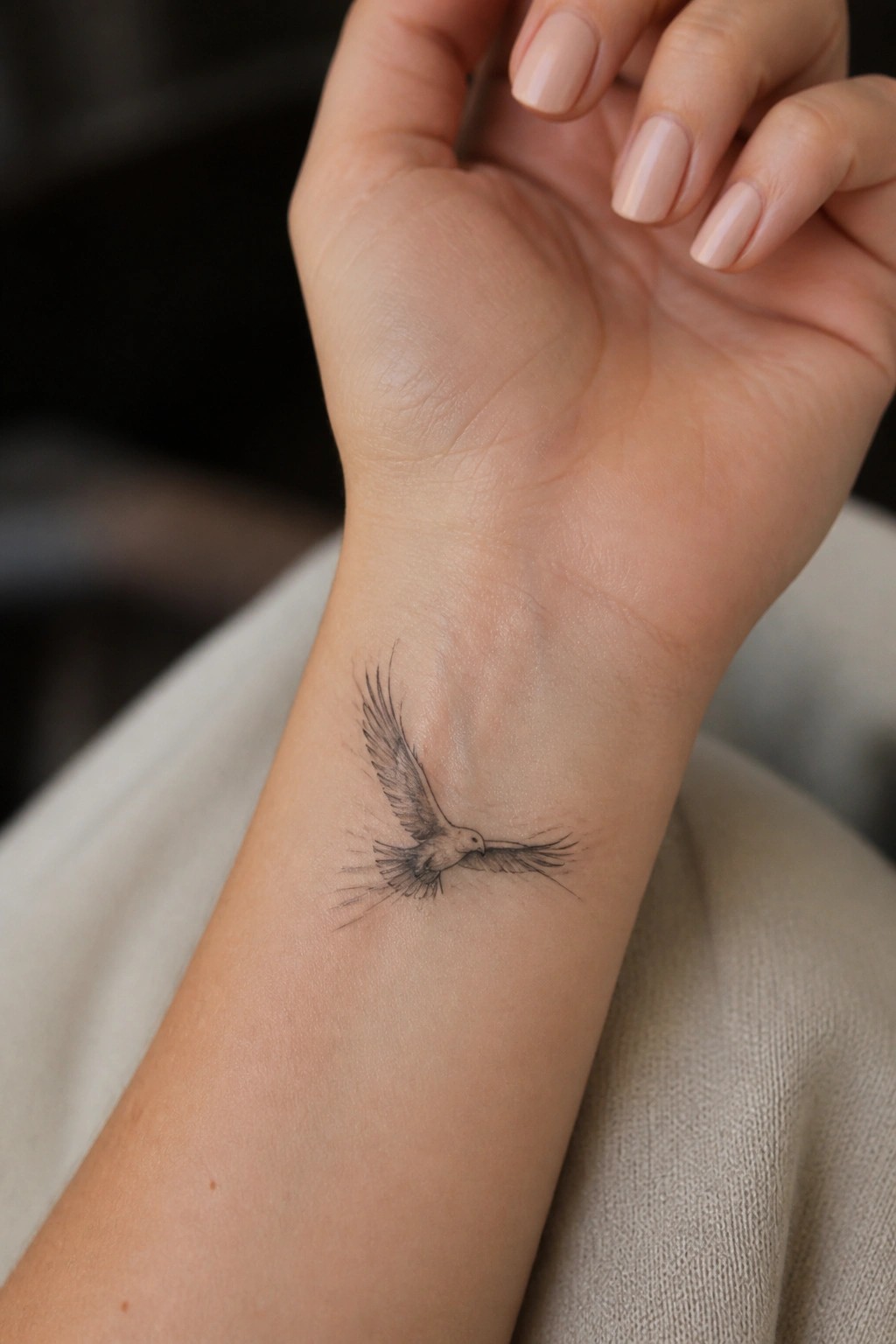 Fine line tattoo of a small bird in flight on the inner wrist with wings spread and minimal shading.
