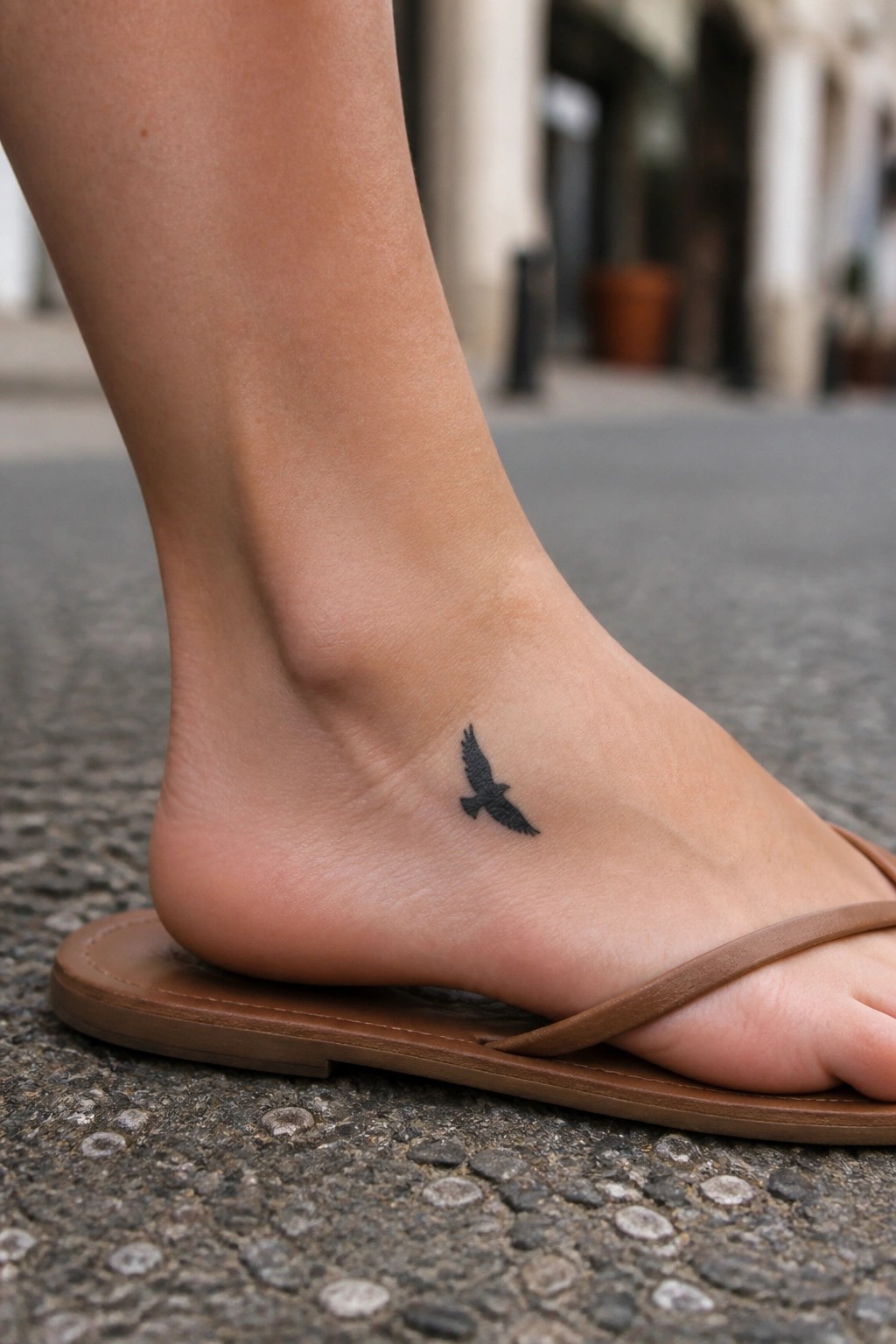 A small black bird tattoo on an ankle above a brown flip-flop.