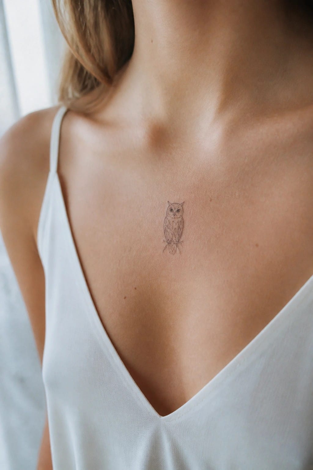 Small owl tattoo on upper chest above white V-neck camisole