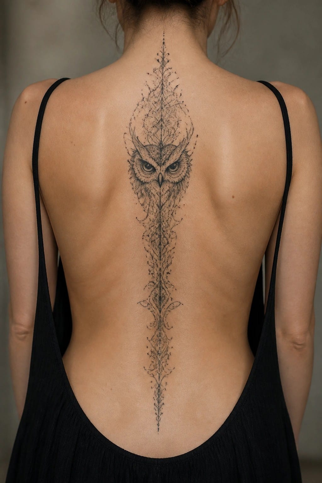 A fine line owl tattoo centered on a woman's back, with the owl head near the neck and intricate patterns extending down the spine in a symmetrical design.