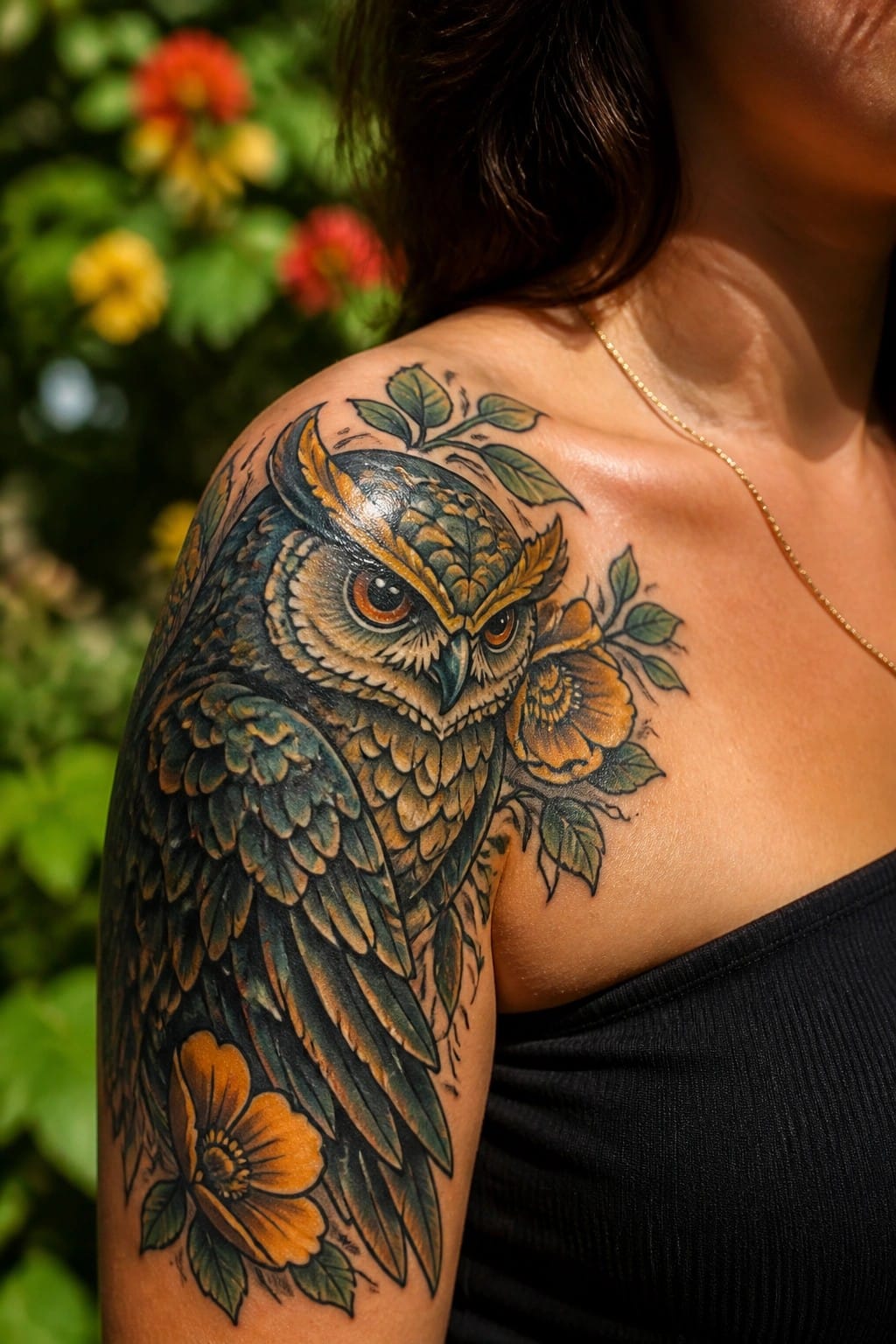 Colorful detailed owl tattoo with flowers on shoulder above black top