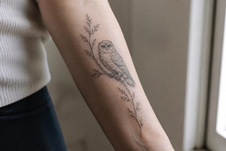 Owl tattoo on forearm with leafy branch, wearing blue jeans and white sweater