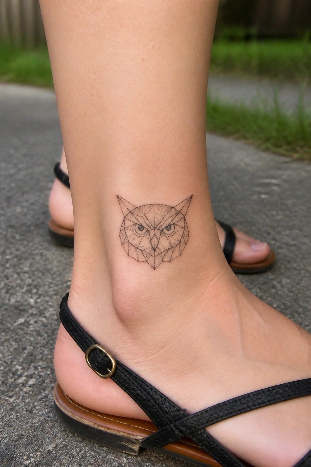 Geometric owl tattoo on ankle above black strappy sandal on pavement